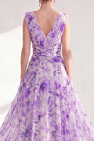 Vestido de Mãe da Noiva, roxo roxo com decote em V, floral em chiffon e franzido longo