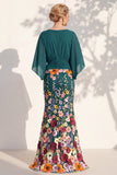 Vestido Mãe da Noiva Floral Champanhe Sereia com decote em V e mangas cape