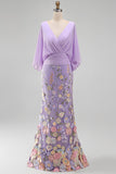 Vestido Mãe da Noiva Floral Champanhe Sereia com decote em V e mangas cape
