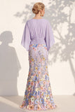 Vestido Mãe da Noiva Floral Champanhe Sereia com decote em V e mangas cape