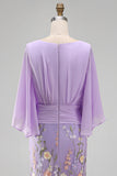 Vestido Mãe da Noiva Floral Champanhe Sereia com decote em V e mangas cape
