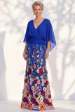 Vestido Mãe da Noiva Floral Champanhe Sereia com decote em V e mangas cape