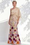 Vestido Longo de Mãe da Noiva Floral Lilas, de um ombro e mangas cape