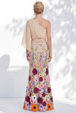 Vestido Longo de Mãe da Noiva Floral Lilas, de um ombro e mangas cape