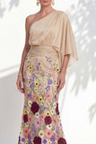 Vestido Longo de Mãe da Noiva Floral Lilas, de um ombro e mangas cape