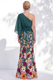 Vestido Longo de Mãe da Noiva Floral Lilas, de um ombro e mangas cape
