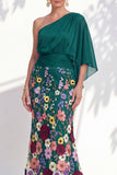 Vestido Longo de Mãe da Noiva Floral Lilas, de um ombro e mangas cape