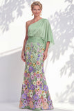 Vestido Longo de Mãe da Noiva Floral Lilas, de um ombro e mangas cape