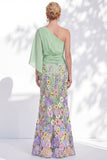 Vestido Longo de Mãe da Noiva Floral Lilas, de um ombro e mangas cape