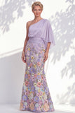 Vestido Longo de Mãe da Noiva Floral Lilas, de um ombro e mangas cape