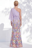 Vestido Longo de Mãe da Noiva Floral Lilas, de um ombro e mangas cape
