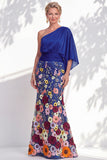 Vestido Longo de Mãe da Noiva Floral Lilas, de um ombro e mangas cape