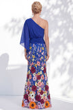 Vestido Longo de Mãe da Noiva Floral Lilas, de um ombro e mangas cape