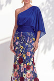 Vestido Longo de Mãe da Noiva Floral Lilas, de um ombro e mangas cape