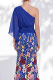 Vestido Longo de Mãe da Noiva Floral Lilas, de um ombro e mangas cape