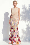Vestido 3D Floral Longo de Mãe da Noiva Verde Escuro com Decote Bateau Verde Escuro