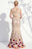 Vestido 3D Floral Longo de Mãe da Noiva Verde Escuro com Decote Bateau Verde Escuro