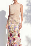 Vestido 3D Floral Longo de Mãe da Noiva Verde Escuro com Decote Bateau Verde Escuro