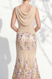 Vestido 3D Floral Longo de Mãe da Noiva Verde Escuro com Decote Bateau Verde Escuro