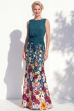 Vestido 3D Floral Longo de Mãe da Noiva Verde Escuro com Decote Bateau Verde Escuro