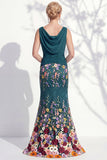 Vestido 3D Floral Longo de Mãe da Noiva Verde Escuro com Decote Bateau Verde Escuro