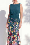 Vestido 3D Floral Longo de Mãe da Noiva Verde Escuro com Decote Bateau Verde Escuro