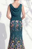 Vestido 3D Floral Longo de Mãe da Noiva Verde Escuro com Decote Bateau Verde Escuro