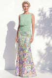 Vestido 3D Floral Longo de Mãe da Noiva Verde Escuro com Decote Bateau Verde Escuro