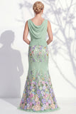 Vestido 3D Floral Longo de Mãe da Noiva Verde Escuro com Decote Bateau Verde Escuro