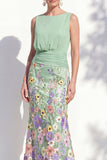 Vestido 3D Floral Longo de Mãe da Noiva Verde Escuro com Decote Bateau Verde Escuro