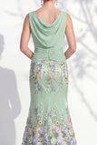 Vestido 3D Floral Longo de Mãe da Noiva Verde Escuro com Decote Bateau Verde Escuro