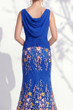 Vestido 3D Floral Longo de Mãe da Noiva Verde Escuro com Decote Bateau Verde Escuro