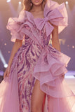 Vestido de concurso longo de sereia com lantejoulas cinzentas cinzentas e roxo brilhante com fenda