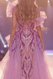 Vestido de concurso longo de sereia com lantejoulas cinzentas cinzentas e roxo brilhante com fenda