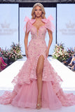 Vestido longo de concurso com laço floral de organza de sereia cor-de-rosa