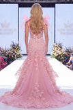 Vestido longo de concurso com laço floral de organza de sereia cor-de-rosa