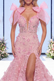 Vestido longo de concurso com laço floral de organza de sereia cor-de-rosa