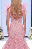 Vestido longo de concurso com laço floral de organza de sereia cor-de-rosa