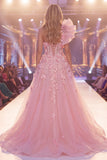 Vestido longo de concurso floral com espartilho de espartilho cor-de-rosa de um ombro e fenda