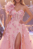 Vestido longo de concurso floral com espartilho de espartilho cor-de-rosa de um ombro e fenda