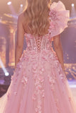 Vestido longo de concurso floral com espartilho de espartilho cor-de-rosa de um ombro e fenda