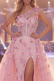 Vestido longo de concurso floral de espartilho com um ombro e um ombro transparente
