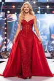 Vestido de concurso longo com espartilho transparente Espartilho Vermelho Sereia e Faixa