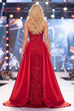 Vestido de concurso longo com espartilho transparente Espartilho Vermelho Sereia e Faixa