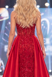 Vestido de concurso longo com espartilho transparente Espartilho Vermelho Sereia e Faixa