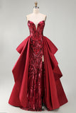 Vestido de concurso comprido com espartilho Red Mermaid transparente e faixa