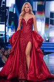 Vestido de concurso comprido com espartilho Red Mermaid transparente e faixa