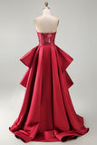 Vestido de concurso comprido com espartilho Red Mermaid transparente e faixa