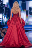 Vestido de concurso comprido com espartilho Red Mermaid transparente e faixa