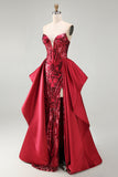 Vestido de concurso comprido com espartilho Red Mermaid transparente e faixa